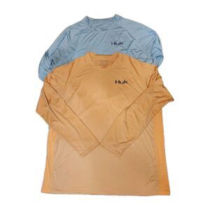 Huk Performance Fishing Shirt Men's 2XL Orange Blue Long Sleeve Stretch Lot Of 2